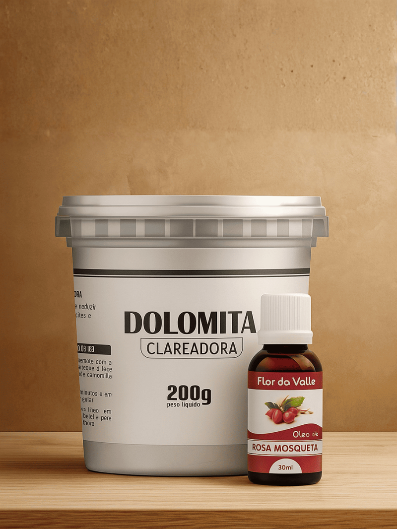 Dolomita Clareadora 200g Pote mais Óleo de Rosa Mosqueta 30ml Cuidados Naturais com a Pele